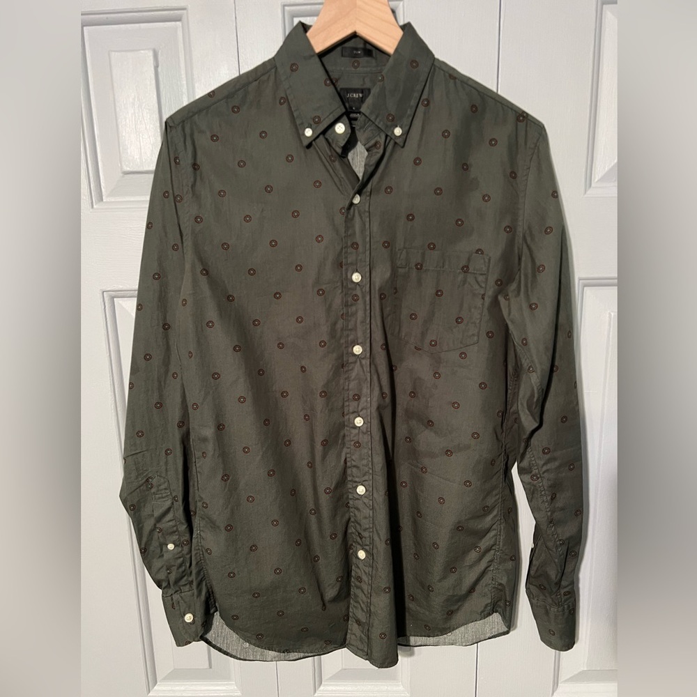 J. Crew Men’s Slim Fit size Small Button Down in Dark Olive Green with Print